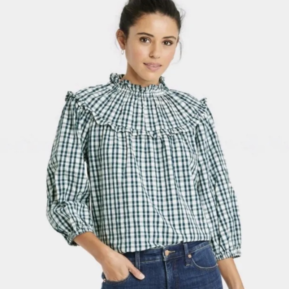 Universal Thread Balloon Sleeve Top with Emerald Green Check size Med